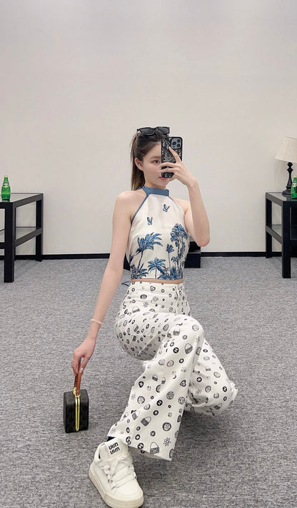 C*♥2025 new product Printed denim wide-leg pants