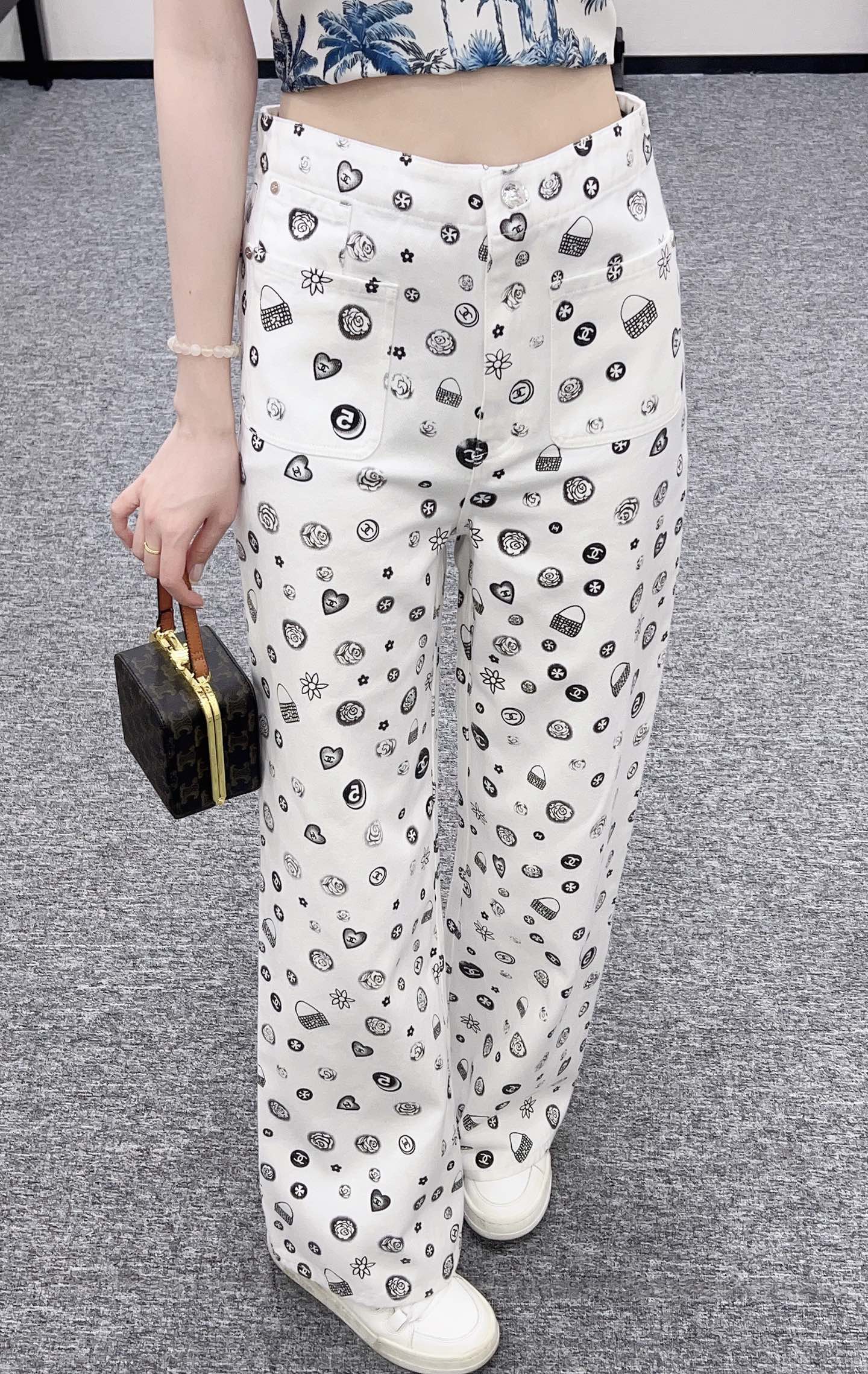 C*♥2025 new product Printed denim wide-leg pants
