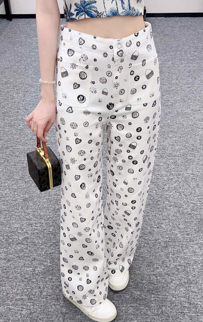 C*♥2025 new product Printed denim wide-leg pants
