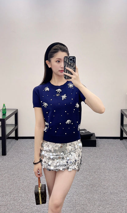 V*♥2025 new product Beaded knitted short sleeves