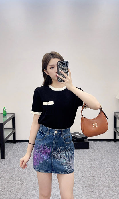 C*♥2025 new product Black and white knitted short sleeves