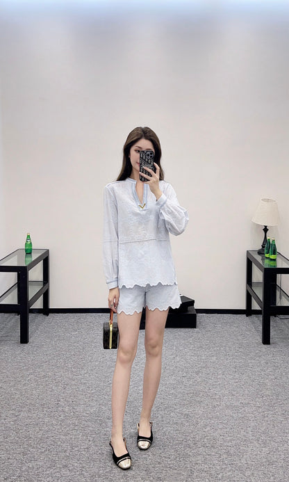 V*♥New Arrival Embroidered Outline Top and Shorts Set