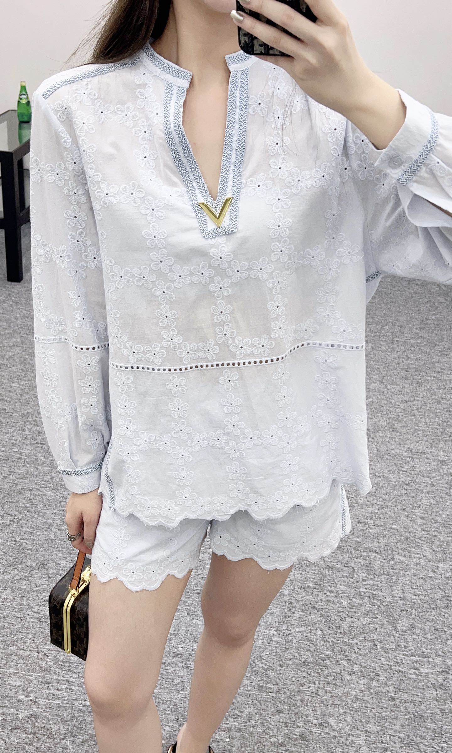 V*♥New Arrival Embroidered Outline Top and Shorts Set