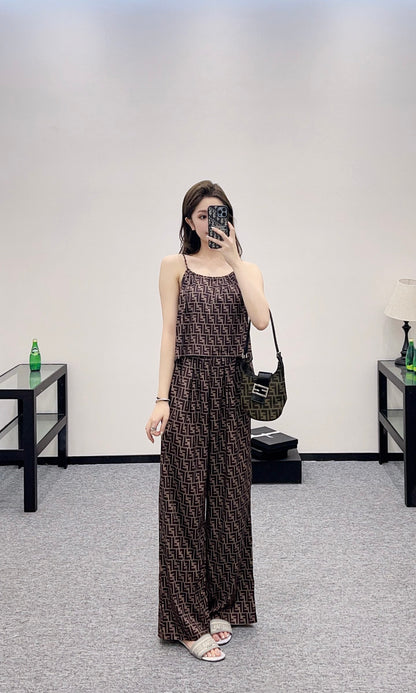 F*♥New arrival Printed suspender trousers set