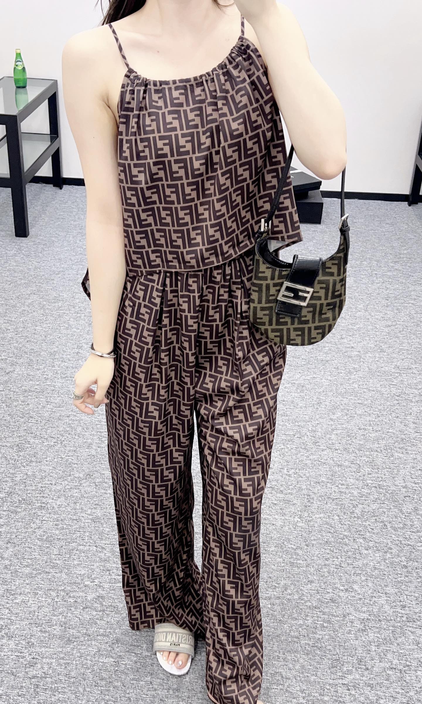 F*♥New arrival Printed suspender trousers set