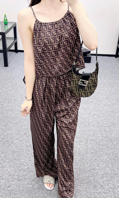 F*♥New arrival Printed suspender trousers set