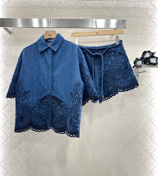 Z*♥New Arrival Embroidered Denim Shirt Shorts Set