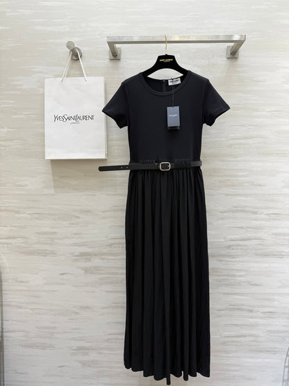 y*♥2025 new style waist belt waist long short sleeve dress