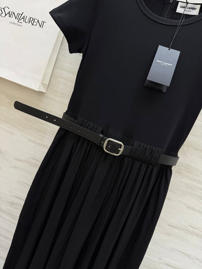y*♥2025 new style waist belt waist long short sleeve dress