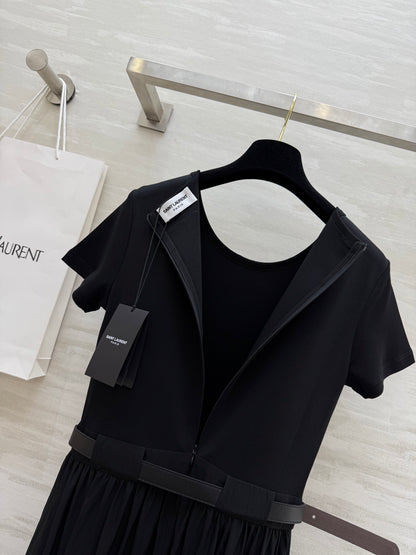 y*♥2025 new style waist belt waist long short sleeve dress