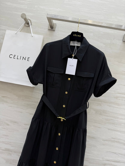 C*♥2025 new gold button lapel waisted dress