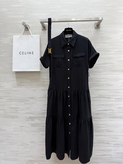 C*♥2025 new gold button lapel waisted dress