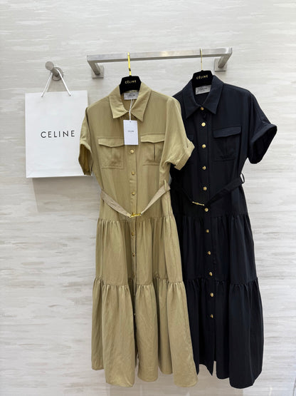 C*♥2025 new gold button lapel waisted dress