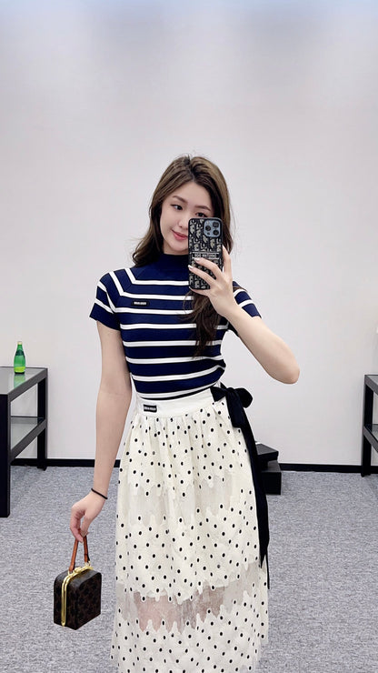 Mi*mi*♥2025 new product Striped knitted short sleeves