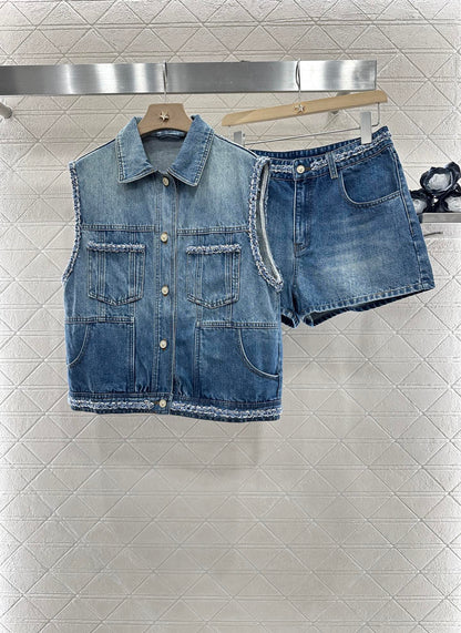 C*♥2025 new product Denim vest shorts set