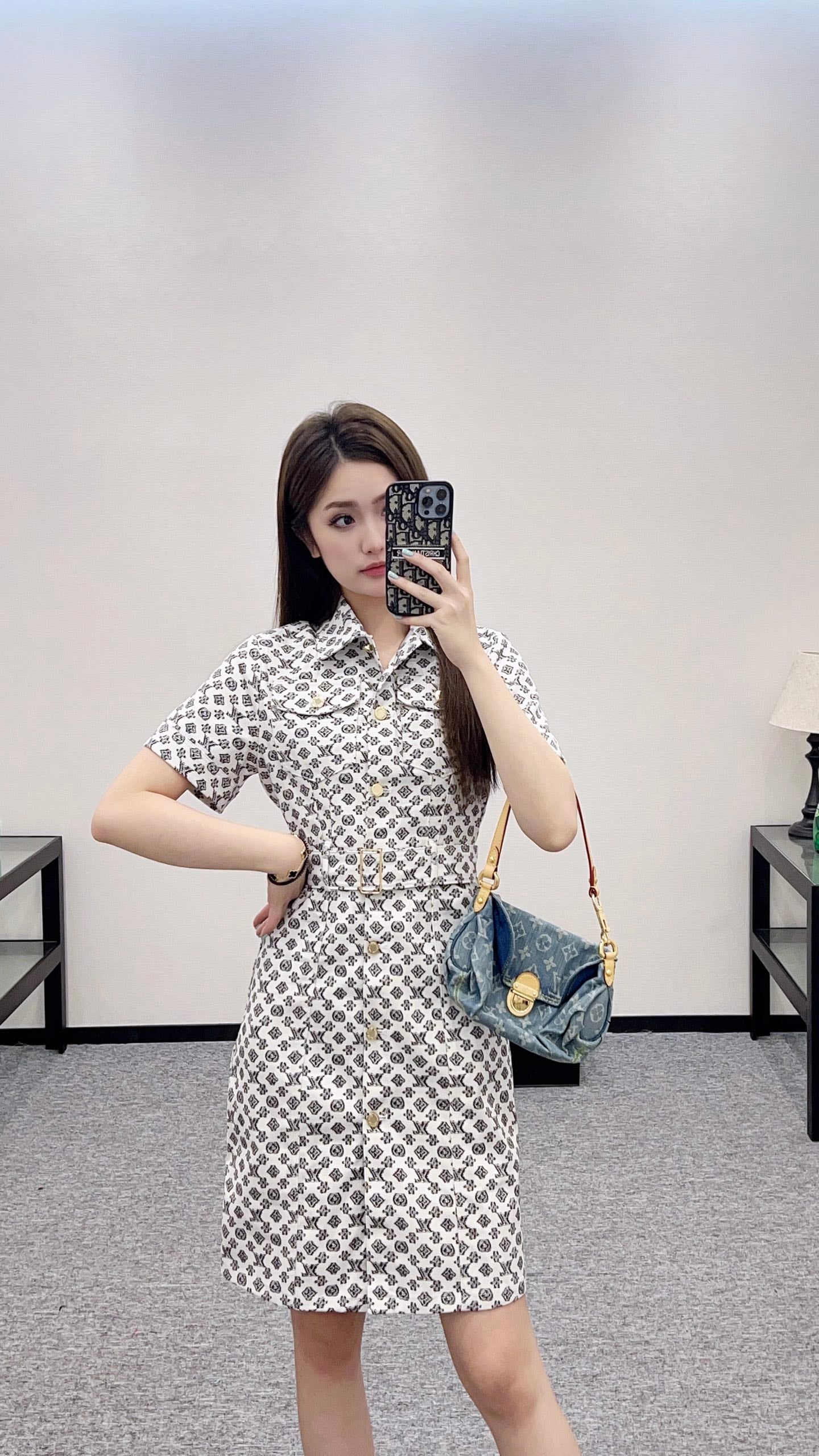 L*♥2025 new product Printed belt denim dress