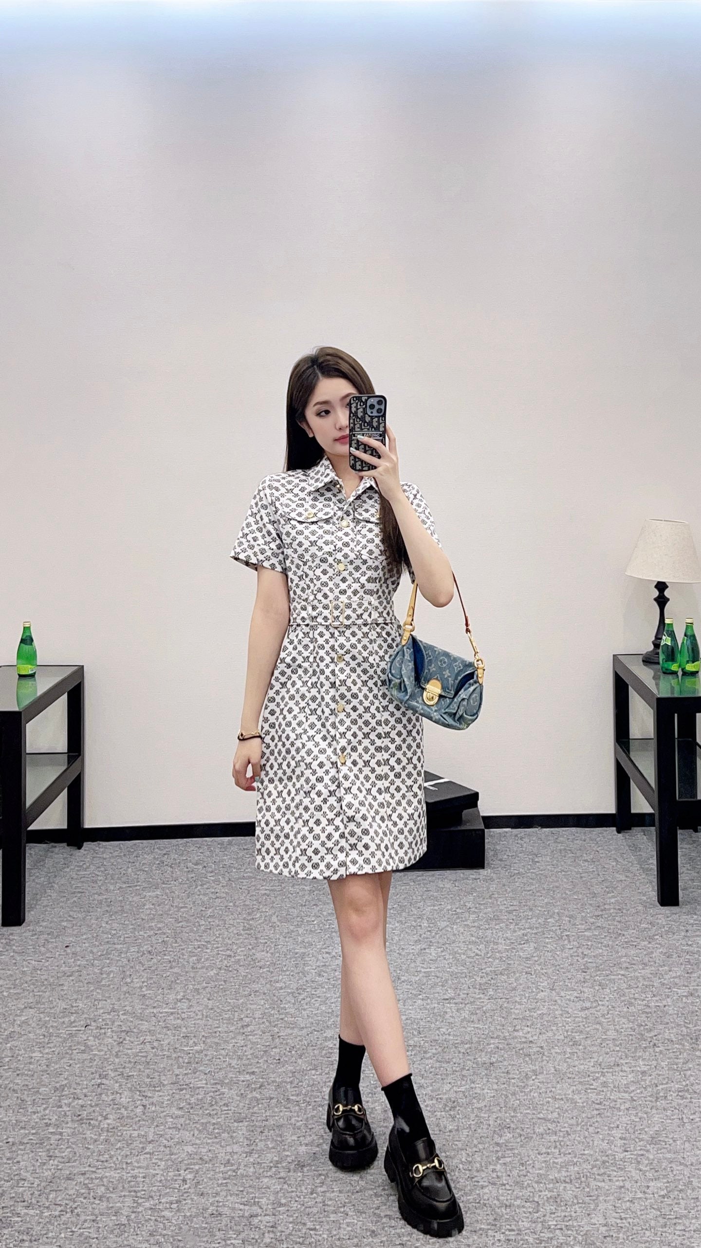 L*♥2025 new product Printed belt denim dress