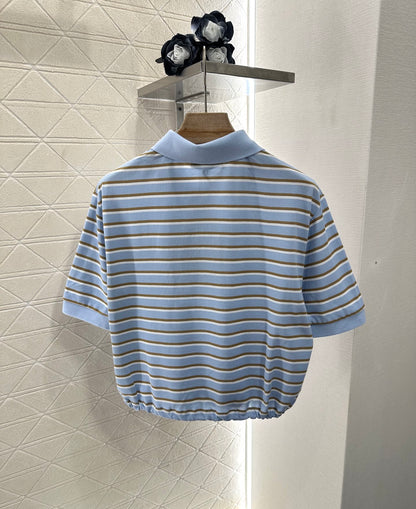 P*♥2025 new product Lapel striped short-sleeved top