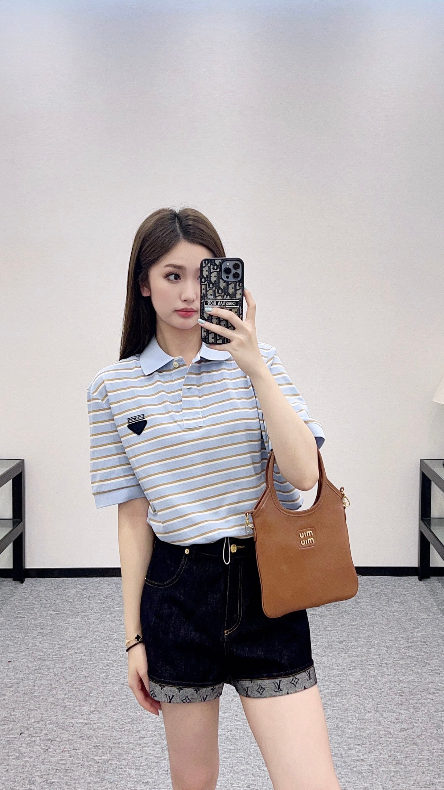 P*♥2025 new product Lapel striped short-sleeved top
