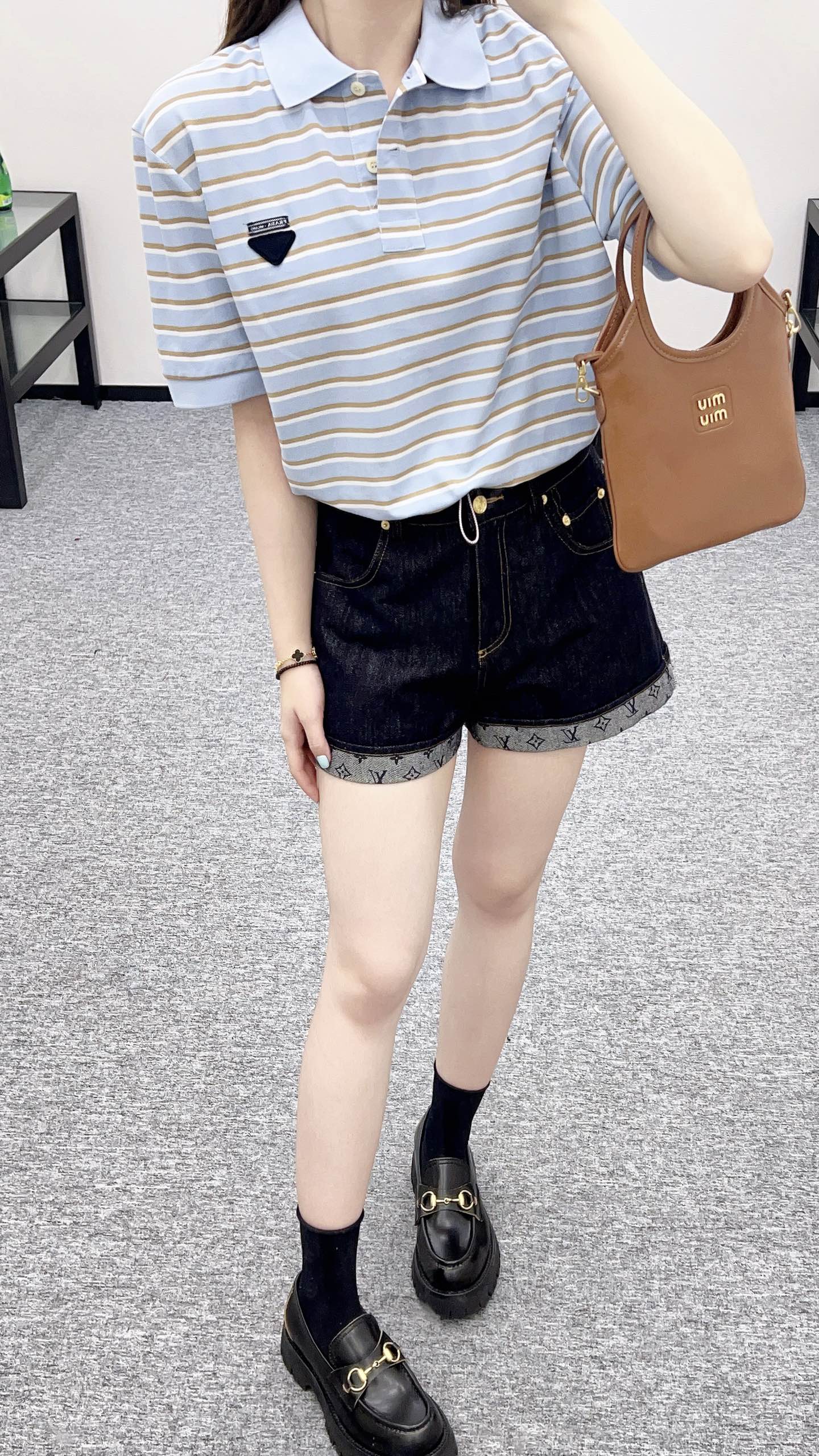 P*♥2025 new product Lapel striped short-sleeved top