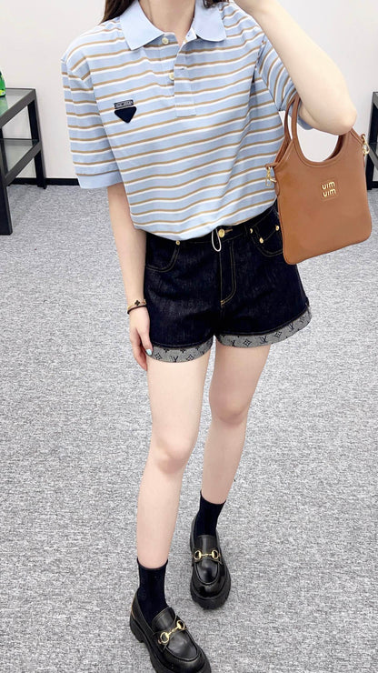 P*♥2025 new product Lapel striped short-sleeved top
