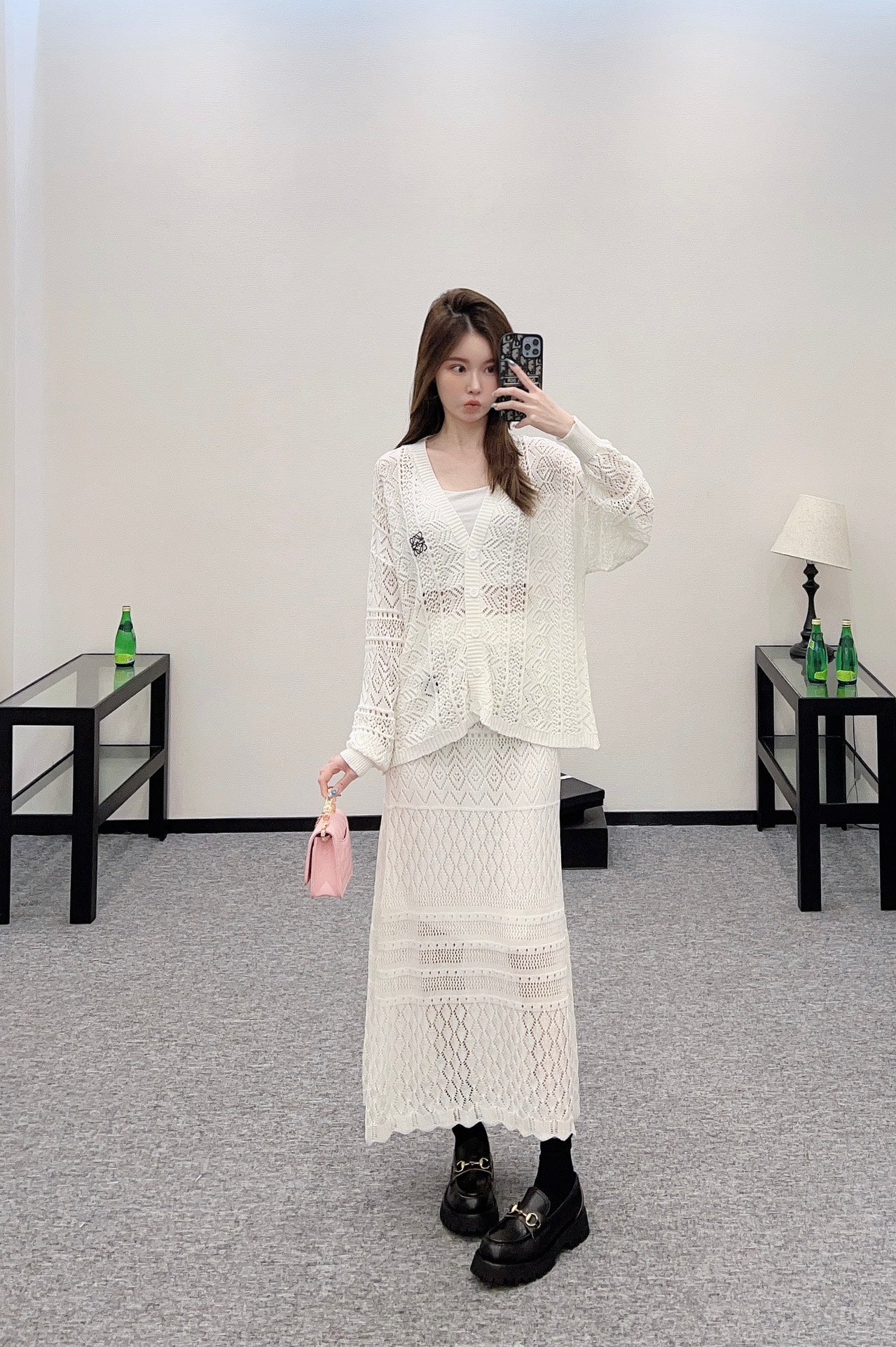 L*♥2025 new product Hollow cardigan and skirt set