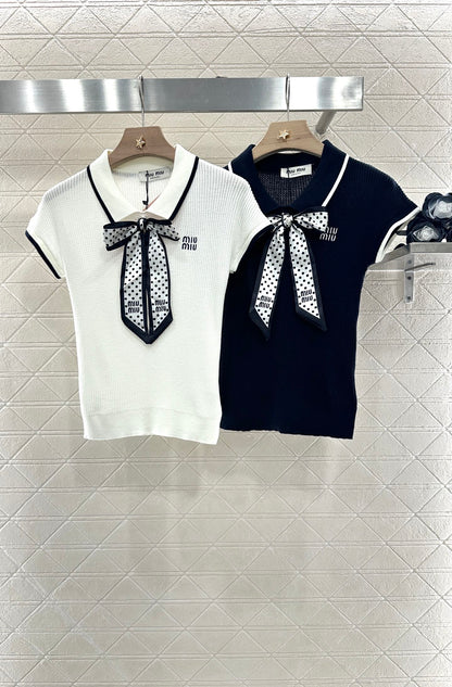Mi*mi*♥2025 new product Bow knitted short sleeves