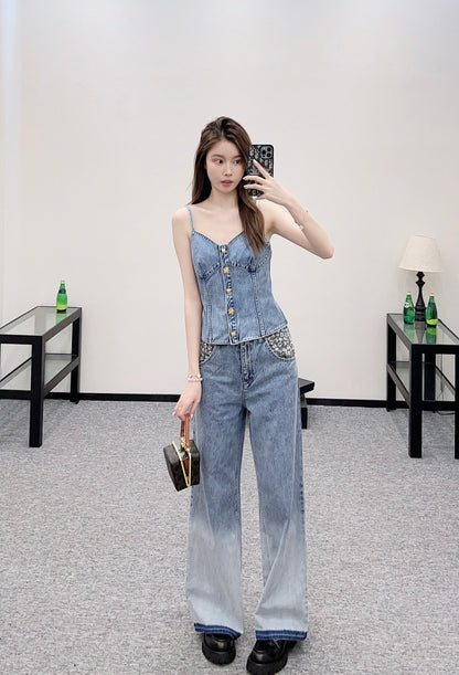 C*♥2025 New Arrival Denim Pants and Suspender Vest Set