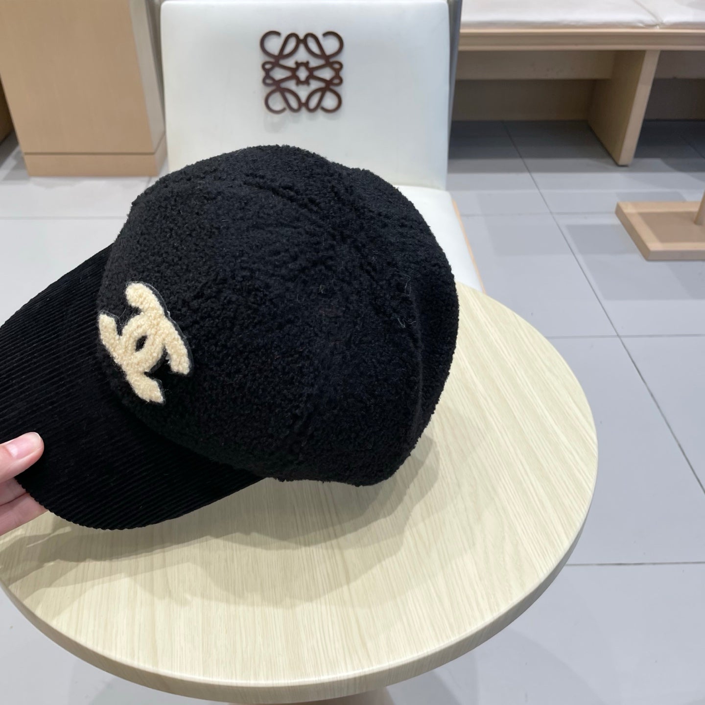 Chan Lamb wool and corduroy brim baseball cap