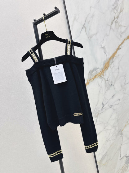 Chan NEW Chain-link openwork off-shoulder cashmere sweater