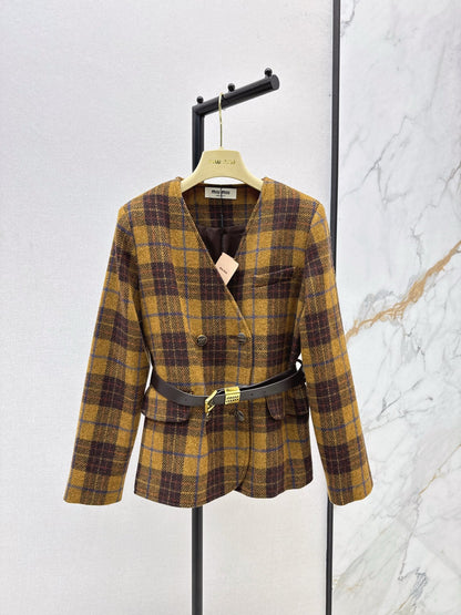 Miu NEW wool retro plaid coat