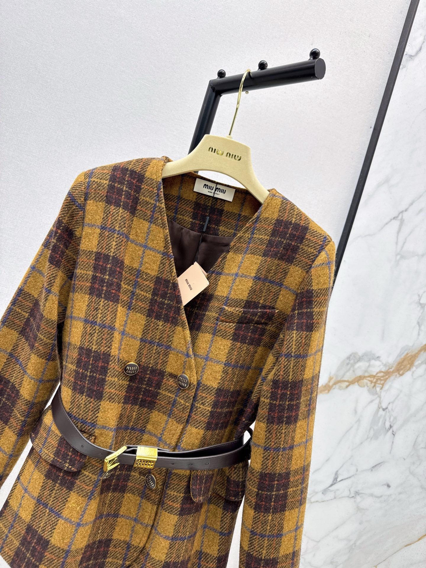 Miu NEW wool retro plaid coat