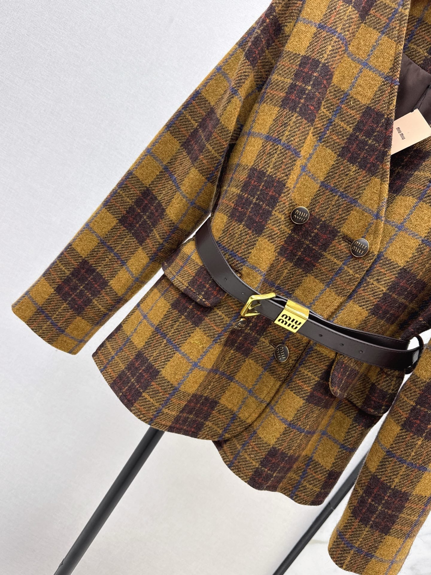 Miu NEW wool retro plaid coat