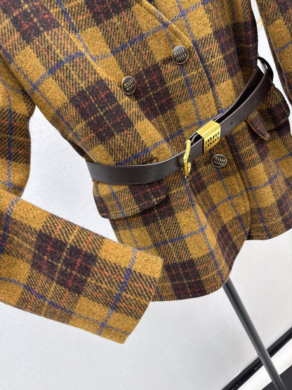 Miu NEW wool retro plaid coat