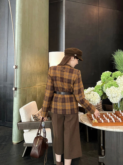 Miu NEW wool retro plaid coat