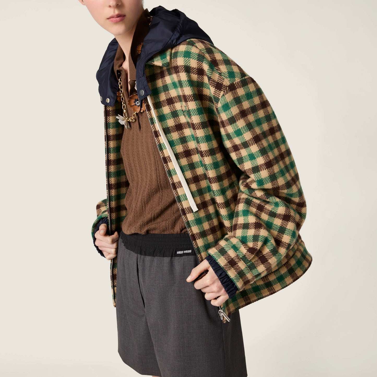 Miu NEW Hooded plaid jacket