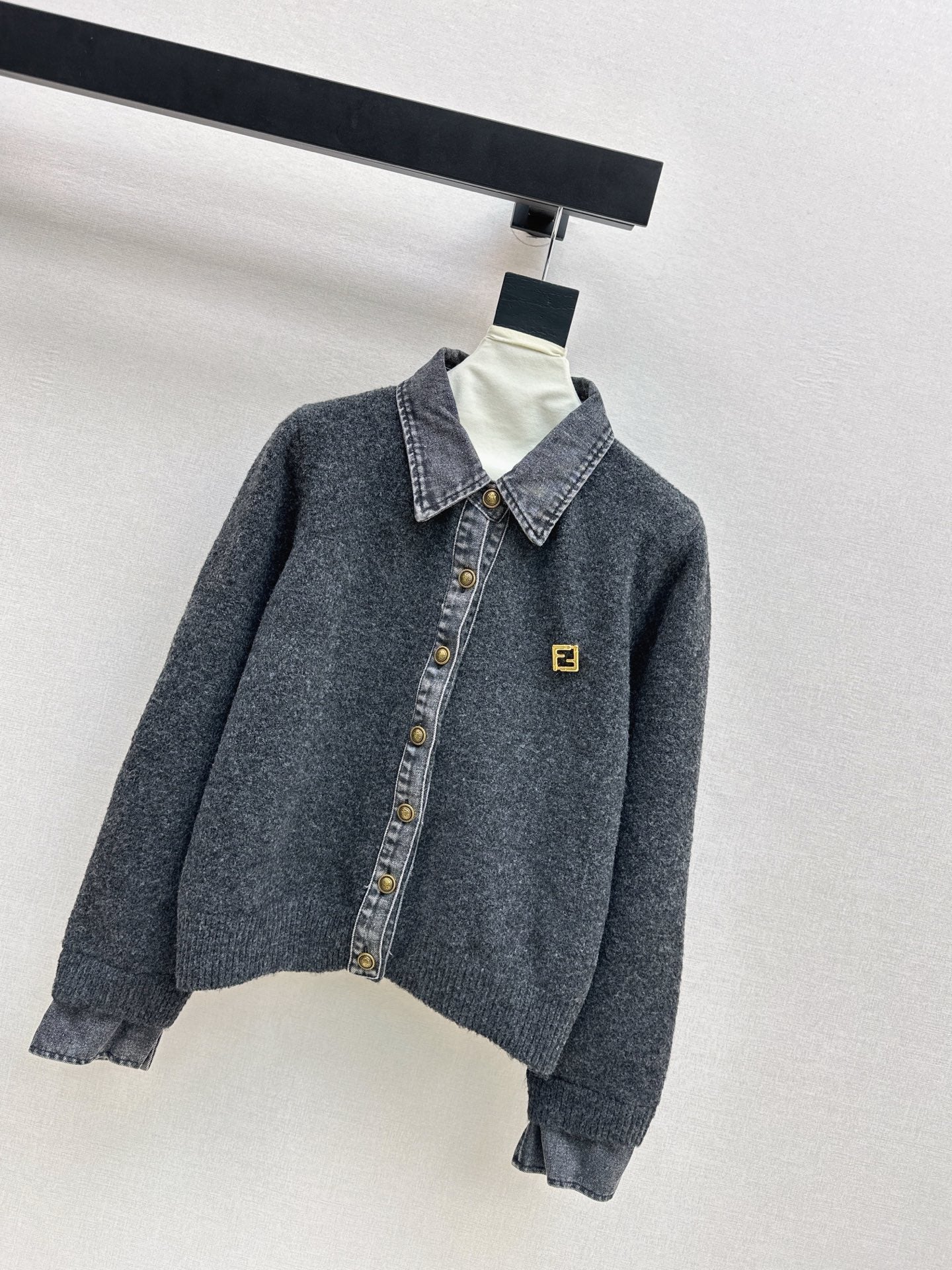Fend NEW Denim patchwork polo sweater