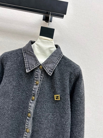 Fend NEW Denim patchwork polo sweater