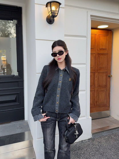 Fend NEW Denim patchwork polo sweater