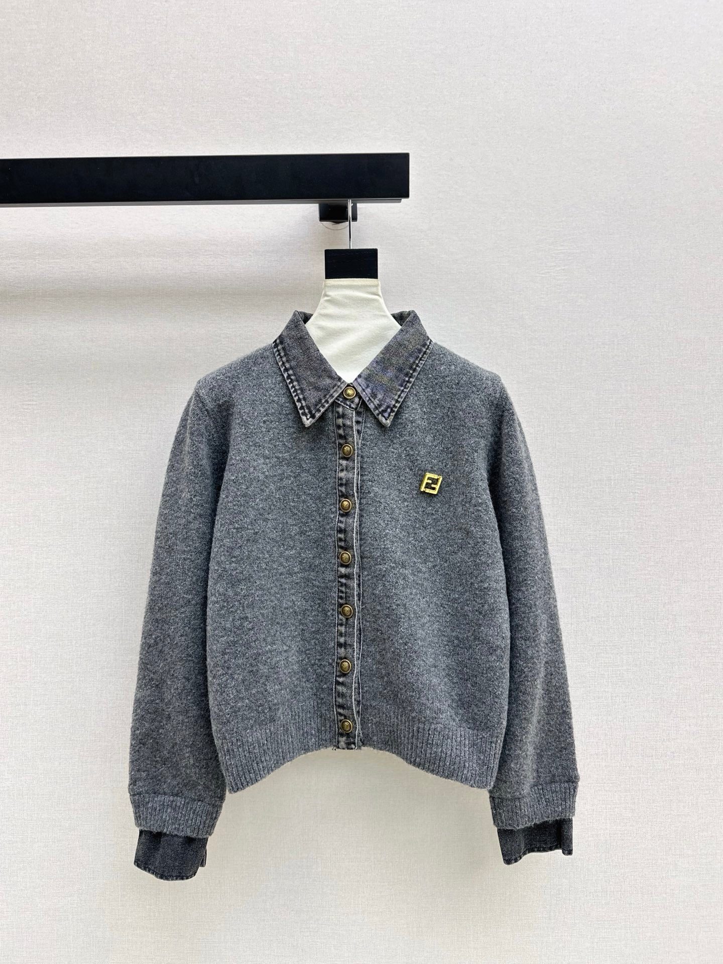 Fend NEW Denim patchwork polo sweater