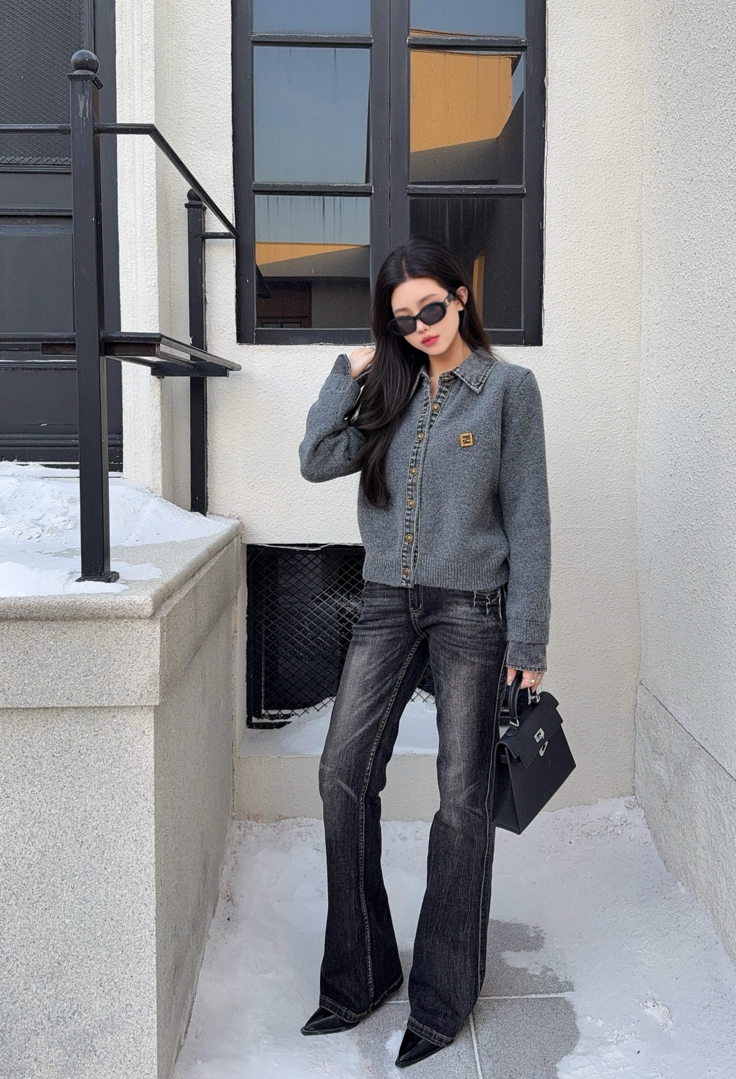 Fend NEW Denim patchwork polo sweater