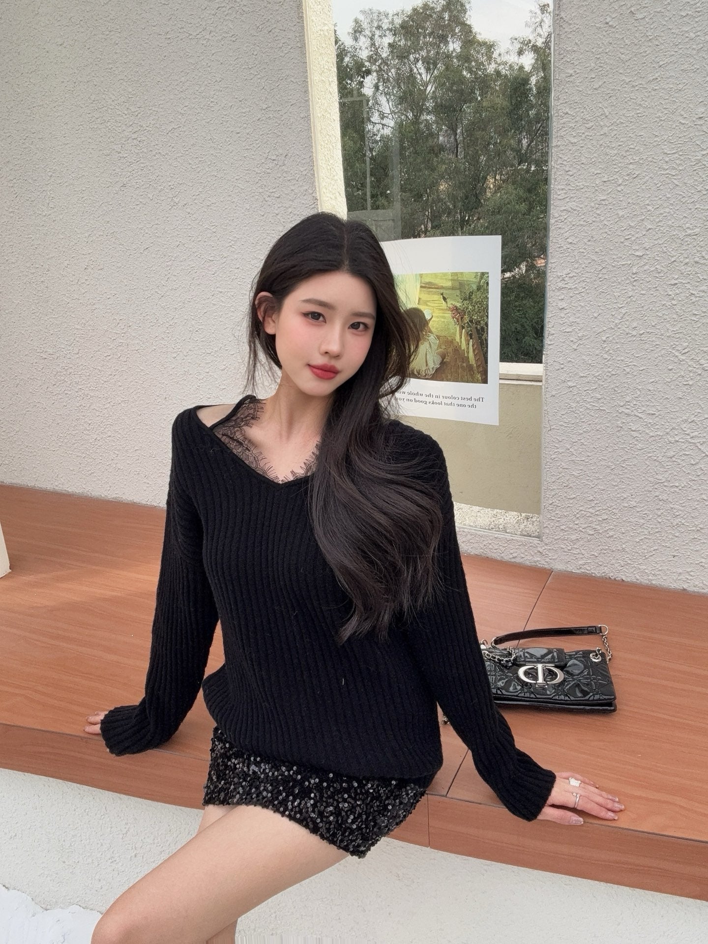 Es NEW lace patchwork sweater