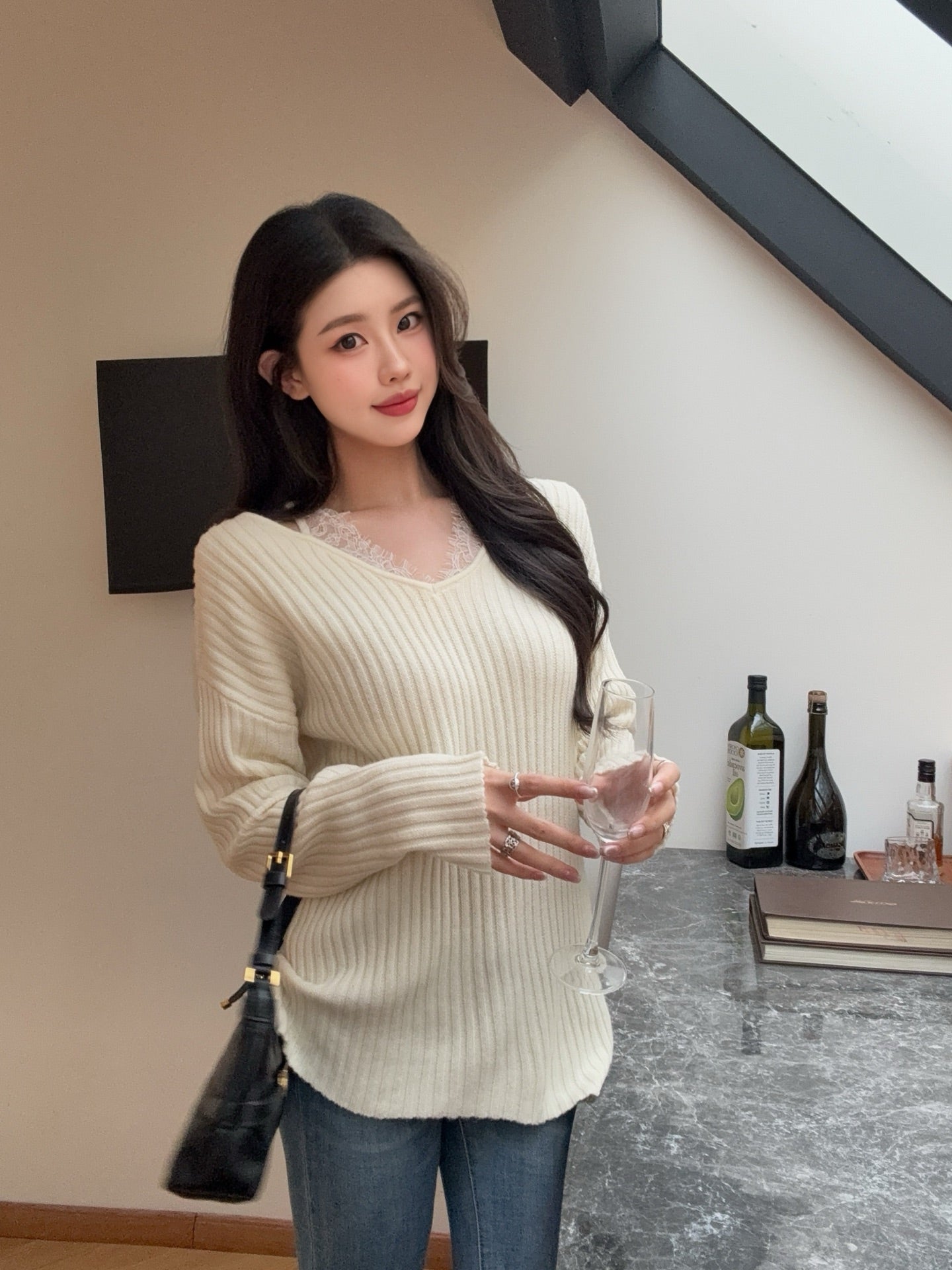 Es NEW lace patchwork sweater