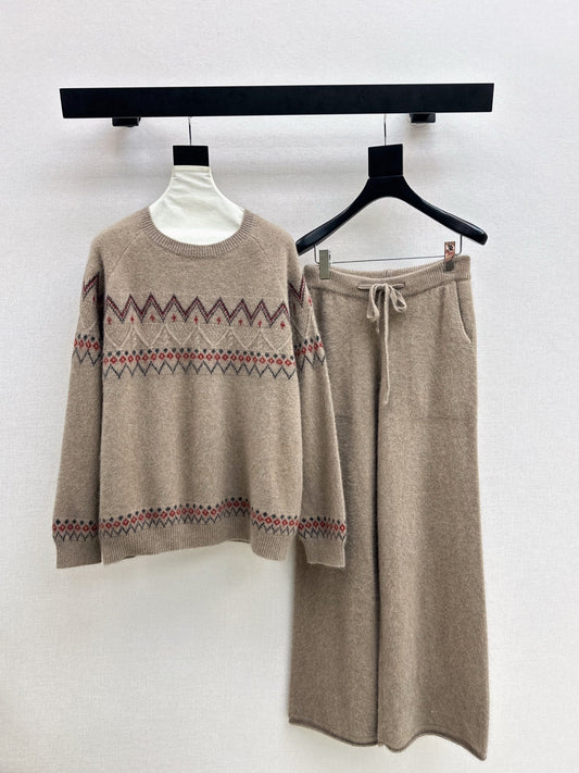 Loro NEW Knitted Fair Isle sweater  straight-leg pants suit