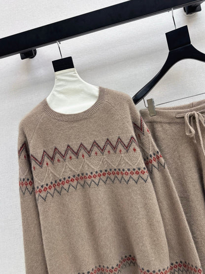 Loro NEW Knitted Fair Isle sweater  straight-leg pants suit