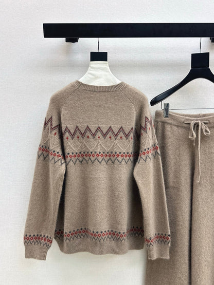 Loro NEW Knitted Fair Isle sweater  straight-leg pants suit