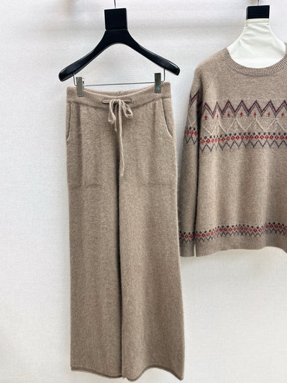 Loro NEW Knitted Fair Isle sweater  straight-leg pants suit