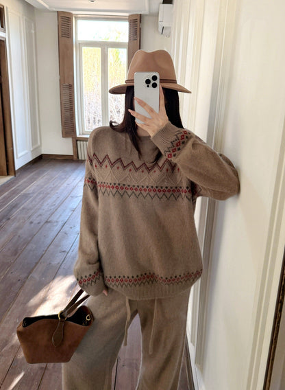 Loro NEW Knitted Fair Isle sweater  straight-leg pants suit