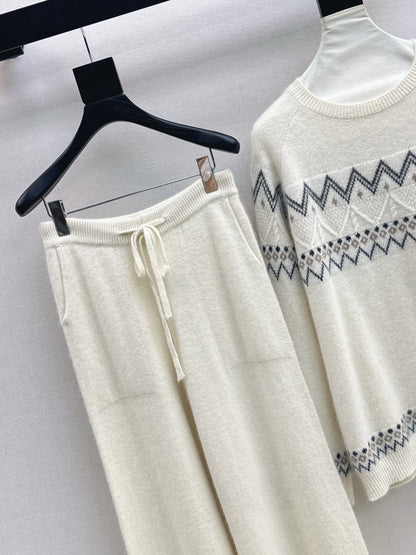 Loro NEW Knitted Fair Isle sweater  straight-leg pants suit