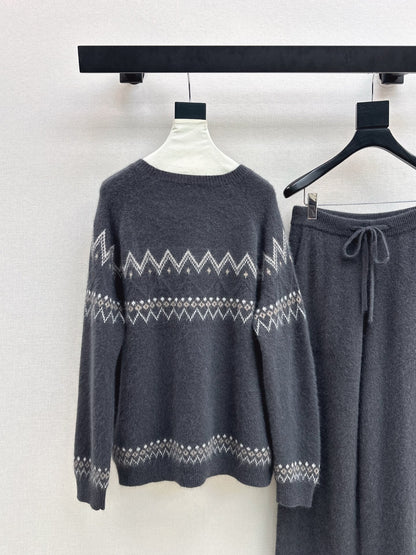 Loro NEW Knitted Fair Isle sweater  straight-leg pants suit